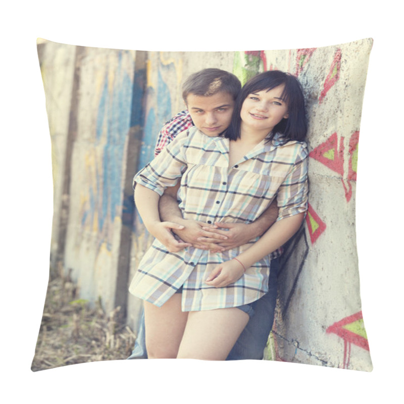 Personality  Style Teen Couple Near Graffiti Background. Pillow Covers