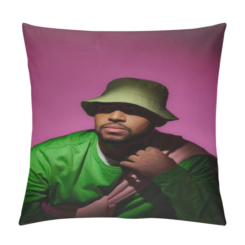 Personality  Handsome Bearded Man In Green Panama With Sweatshirt Tied On His Shoulders, Fashion Concept Pillow Covers