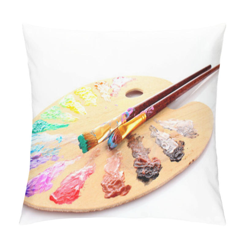 Personality  Wooden Art Palette With Blobs Of Paint And A Brush On White Back Pillow Covers