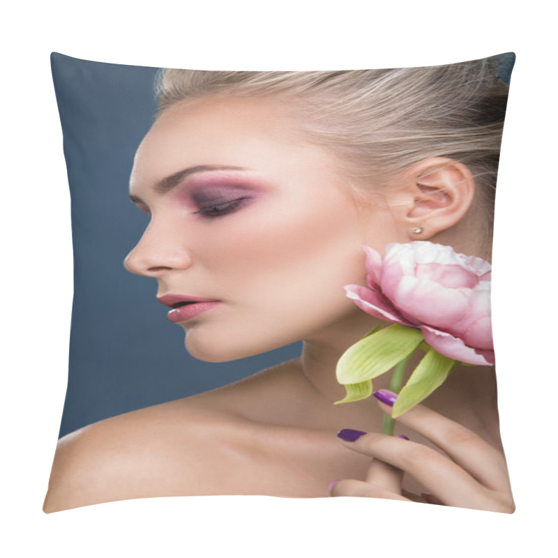 Personality  Portrait Of Attractive Woman Holding Peony Pillow Covers