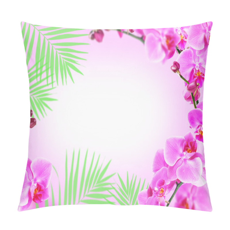 Personality  Bright Frame Made Of Orchid Flowers And Green Palm Leaves With Space For Text Pillow Covers