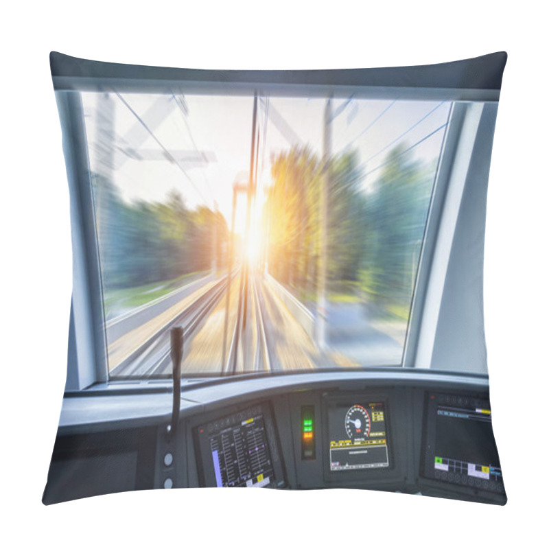 Personality  Driver's Cab Of Speed Passenger Train, View Of The Railway Bridge With The Effect Of Speed Motion Blur Pillow Covers