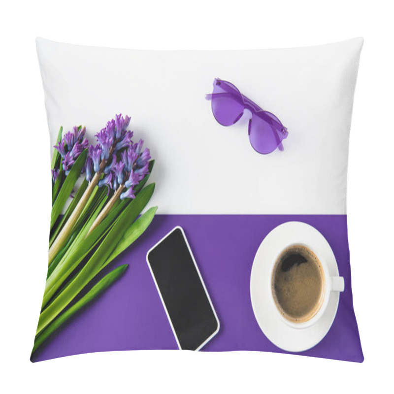 Personality  Top View Of Bouquet Of Purple Hyacinth Flowers And Smartphone On Table Pillow Covers