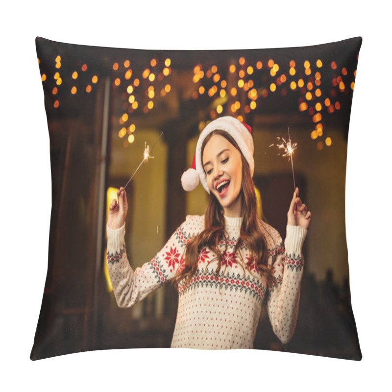 Personality  Happy Young Woman In Warm Sweater And Santa Hat Holding Sparklers  Pillow Covers