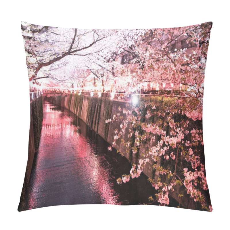 Personality  Cherry Blossom Over The Meguro River At Night  Pillow Covers