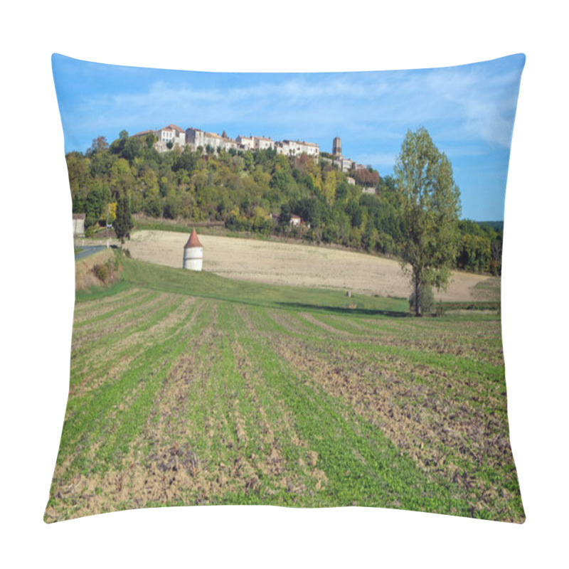 Personality  Looking Up At Picturesque Hilltop Town Of Tournon D'Agenais In Rural Lot Et Garonne Countryside, France Pillow Covers