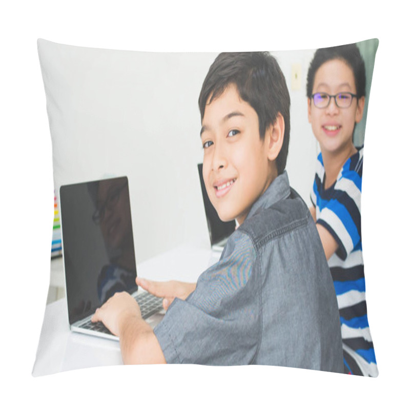 Personality  Asian Students Boy Using Laptop Learning In The Classroom At School Pillow Covers