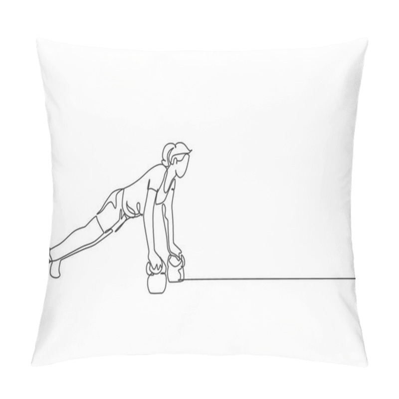 Personality  One Continuous Line Drawing Of Young Sporty Woman Working Out Push Up With Kettlebell In Fitness Gym Club Center. Healthy Fitness Sport Concept. Dynamic Single Line Draw Design Vector Illustration Pillow Covers