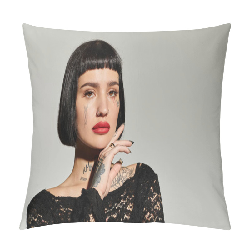 Personality  A Stylish Young Woman Showcases Her Tattoos And Bold Attire Effortlessly. Pillow Covers