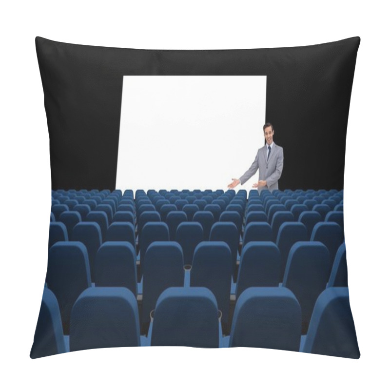 Personality  Businessman Presenting At Blank Board In Front Of 3d Empty Chairs Pillow Covers