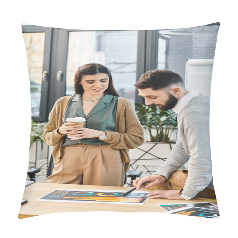 Personality  A Man And A Woman Reminiscing Over Memories Captured In Photos Spread Out On A Table In An Office Setting. Pillow Covers