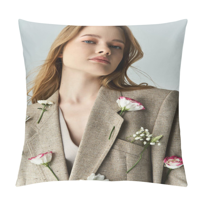 Personality  A Young Woman Showcases Elegance With Flowers Artfully Arranged On Her Attire. Pillow Covers