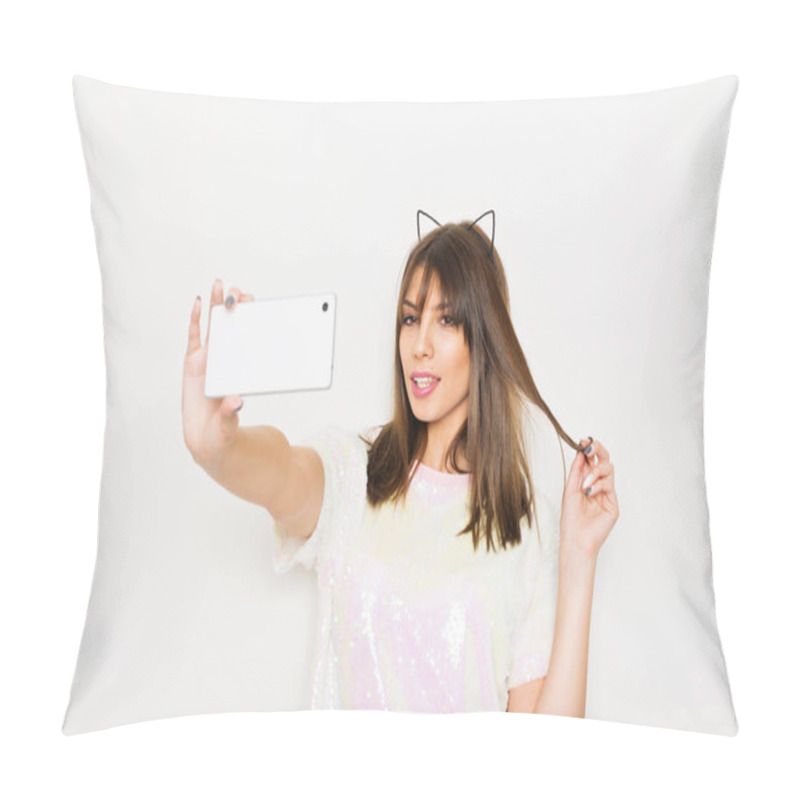 Personality  Modern Young Woman In Sequined Shirt And Cat Ears Taking A Selfie On Smart Phone Pillow Covers