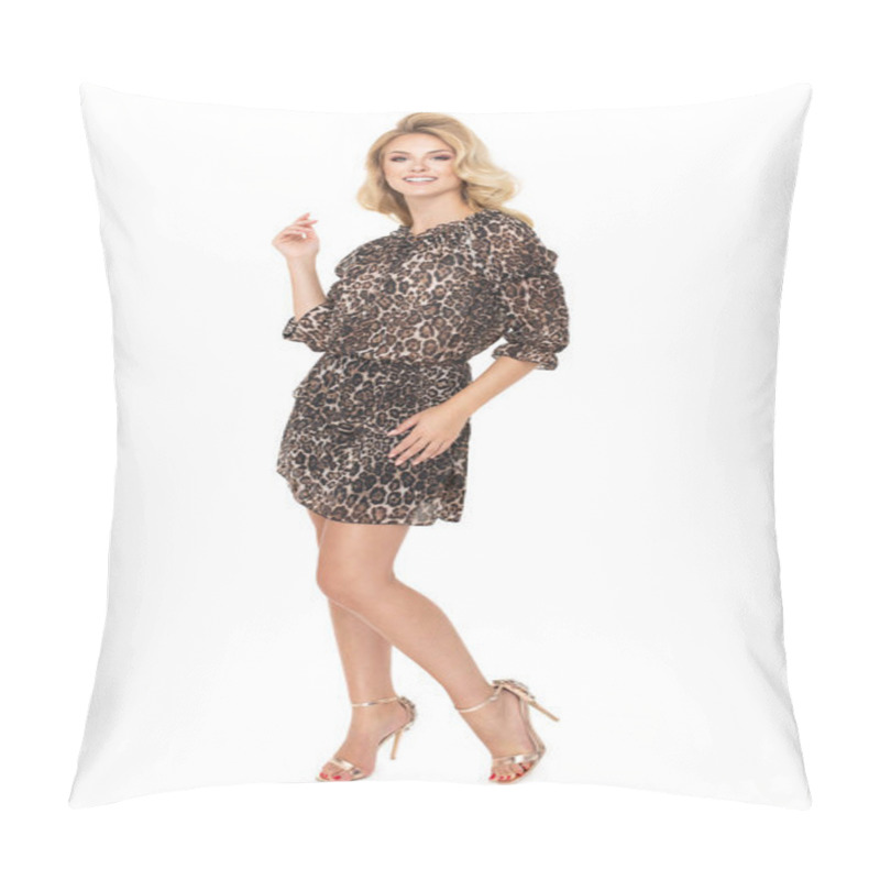 Personality  Attractive Young Fashion Model Wears A Business Dress In Studio And Smiling Pillow Covers