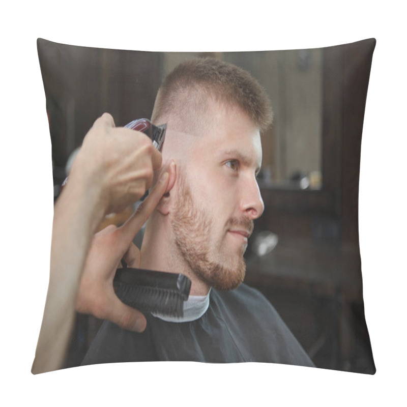 Personality  Close Up Of A Cheerful Man Enjoying Getting New Hairstyle At The Barbershop Pillow Covers