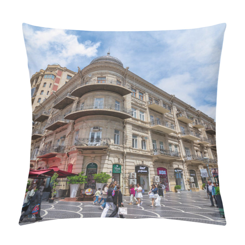 Personality  Baku, Azerbaijan - May 5, 2024: Visitors Stroll Along Nizami Street, Admiring The Architecture Of Historic Buildings. Cafes And Shops Invite Guests To Explore The Lively Atmosphere And Local Culture Pillow Covers