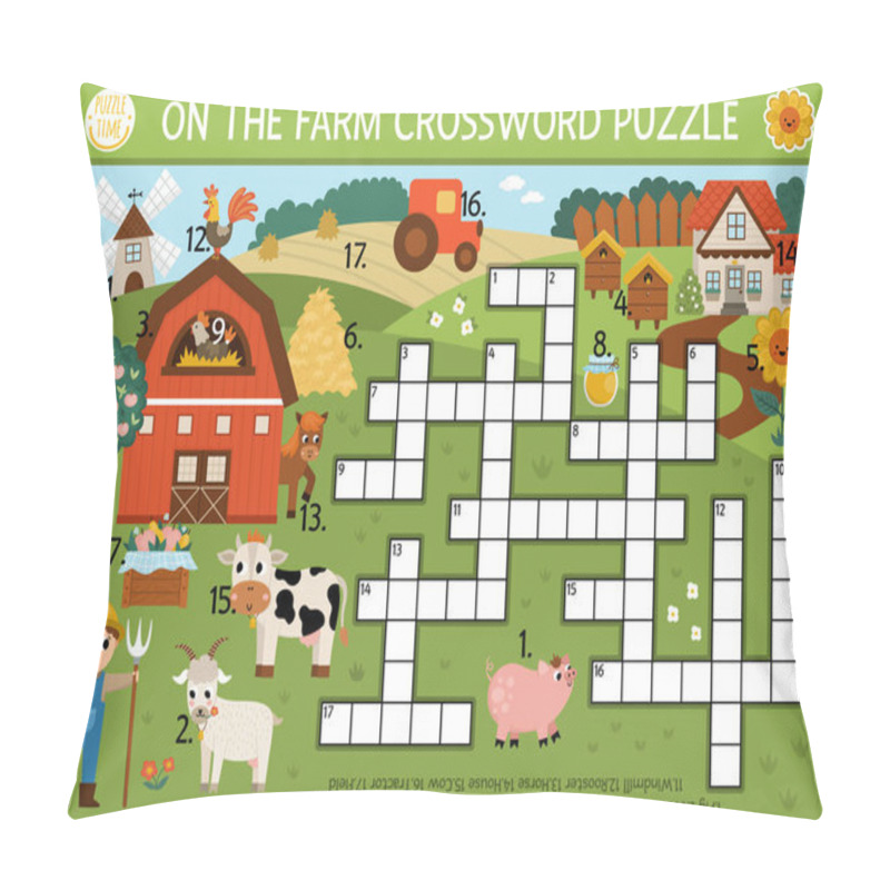 Personality  Vector On The Farm Crossword Puzzle For Kids. Simple Farm Quiz With Rural Country Landscape For Children. Educational Activity With Cow, Farmer, Barn. Cute Cross Word With Village Pillow Covers