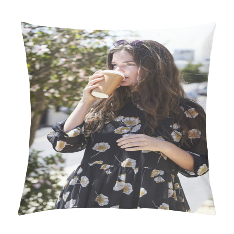 Personality  Brunette Woman Drinking Coffee  Pillow Covers