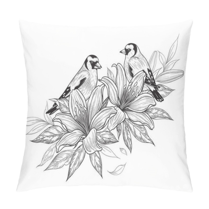 Personality  Hand Drawn Goldfinch Couple Sitting On Lily Branch Isolated On White Background. Vector Monochrome Elegant Floral Composition With Birds And Flowers In Vintage Style, T-shirt, Tattoo Design. Pillow Covers