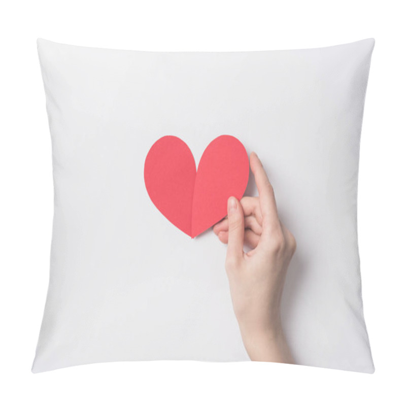 Personality  Cropped View Of Woman Holding Red Heart On White Background Pillow Covers