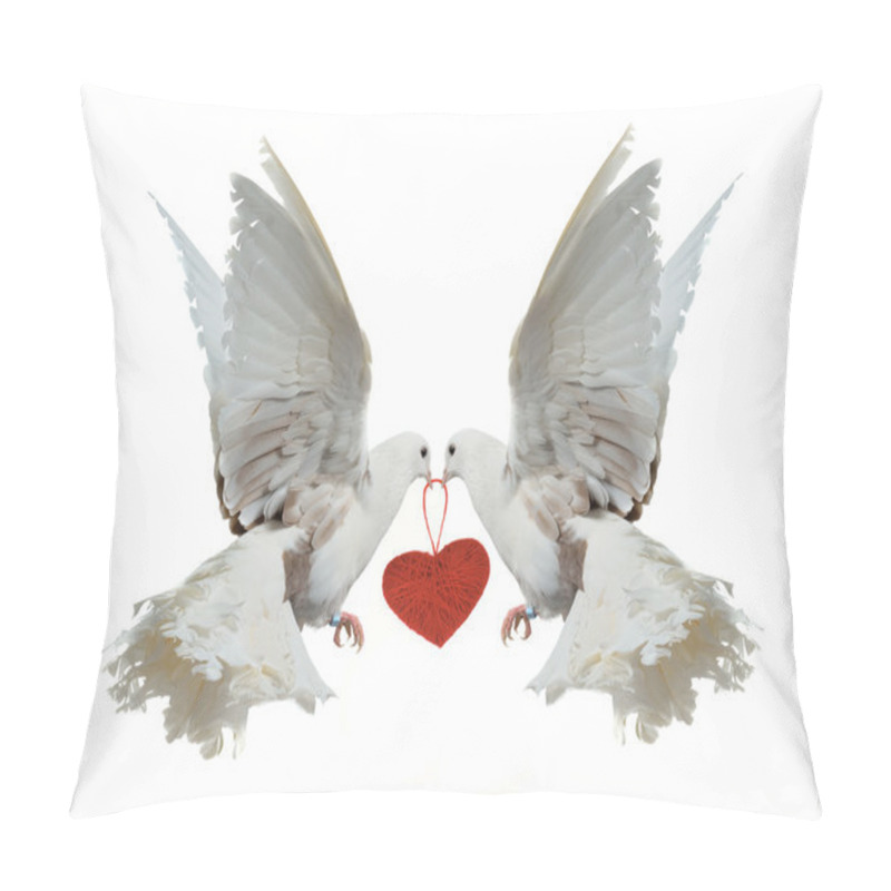 Personality  Two White Doves Holding Red Heart With Their Beaks Pillow Covers