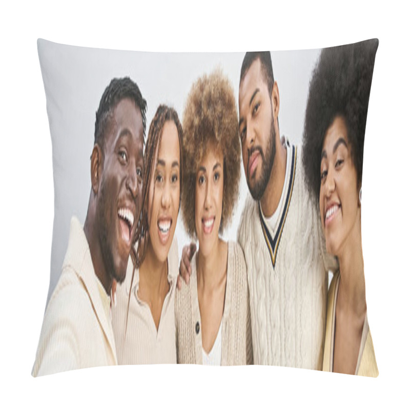 Personality  Group Of Happy African American Friends Bonding And Hugging On Grey Background, Juneteenth Banner Pillow Covers