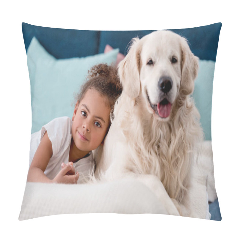 Personality  Adorable African American Child With Happy Dog Smiling At Camera Pillow Covers