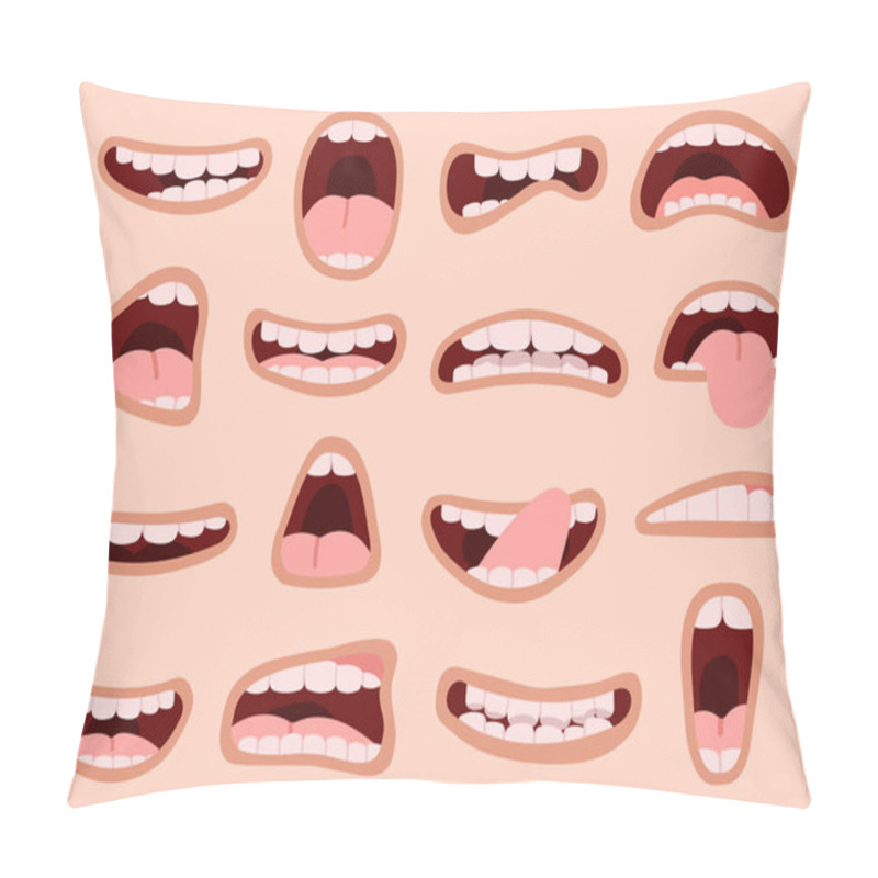 Personality  Cartoon Mouth. Hand Drawn Funny Comic Mouth With Tongues, Laughing Emotions Caricature Lips, Facial Expressions Vector Illustration Icons Set Pillow Covers