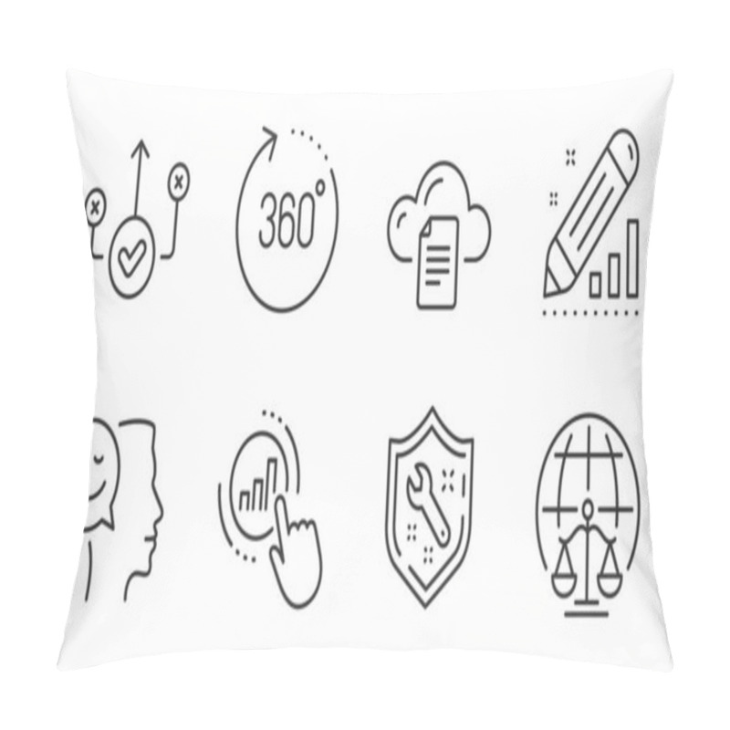 Personality  Graph Chart, Good Mood And Edit Statistics Line Icons Set. Spanner, 360 Degrees And File Storage Signs. Correct Way, Magistrates Court Symbols. Get Report, Positive Thinking, Seo Manage. Vector Pillow Covers