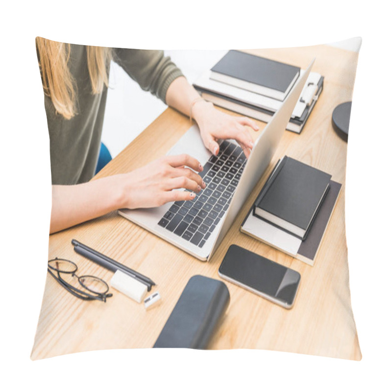 Personality  Partial View Of Businesswoman Typing On Laptop At Workplace With Notebooks, Eyeglasses And Smartphone In Office Pillow Covers