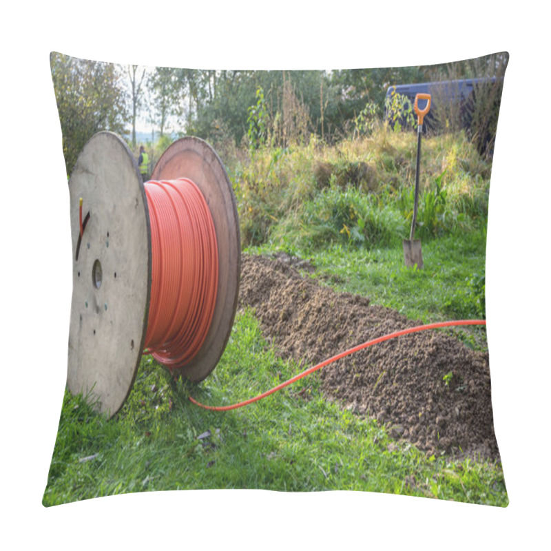 Personality  Wooden Spool With Fiber Optic Cable For Fast Internet Ready To Be Laid In Narrow Trenches In The Ground On A Meadow, Infrastructure Expansion In The Countryside Pillow Covers