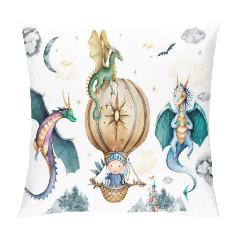 Personality  Dragons And Prince, Mystical Story, Balloons, Outdoor Activity, Castle, , Rainbow, Sunny Day, Vintage Style Watercolor, Pastel Watercolor Set Pillow Covers