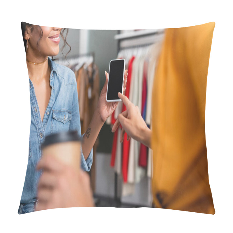 Personality  Cropped View Of Woman Pointing At Smartphone With Blank Screen Near Cheerful African American Shop Assistant  Pillow Covers