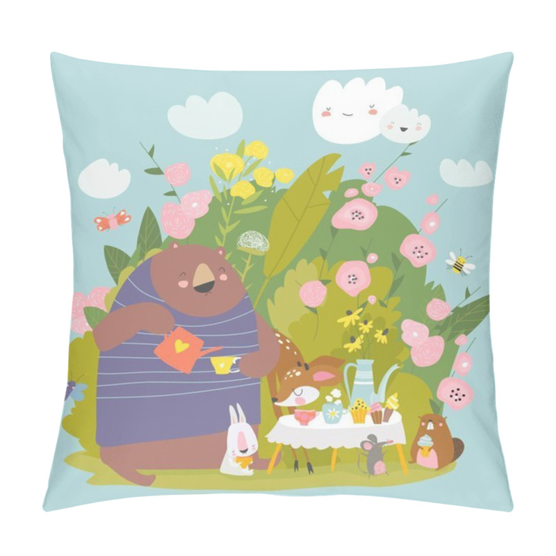 Personality  Funny Cartoon Animals Drinking Tea In Bushes Of Roses Pillow Covers