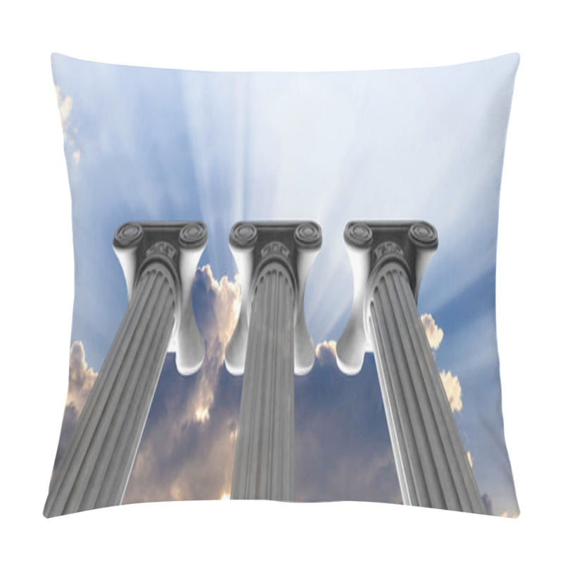 Personality  Sustainability Concept. Three Marble Pillars On Blue Sky Background. 3d Illustration Pillow Covers