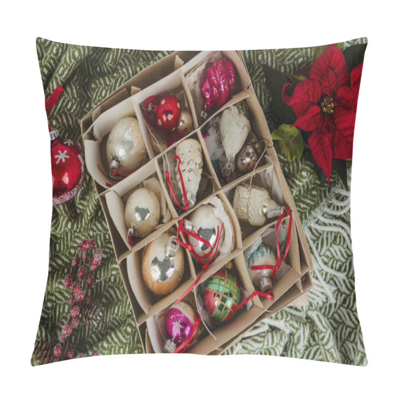 Personality  A Box Of Christmas Ornaments On A Green Cloth Pillow Covers