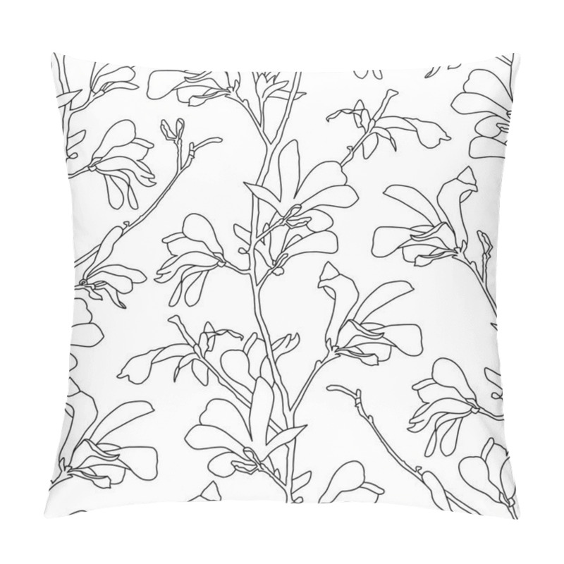 Personality  Seamless Pattern With Magnolia Tree Blossom. Floral Background With Branch And Magnolia Flower. Spring Design With Big Floral Outline Elements. Hand Drawn Botanical Illustration. Pillow Covers