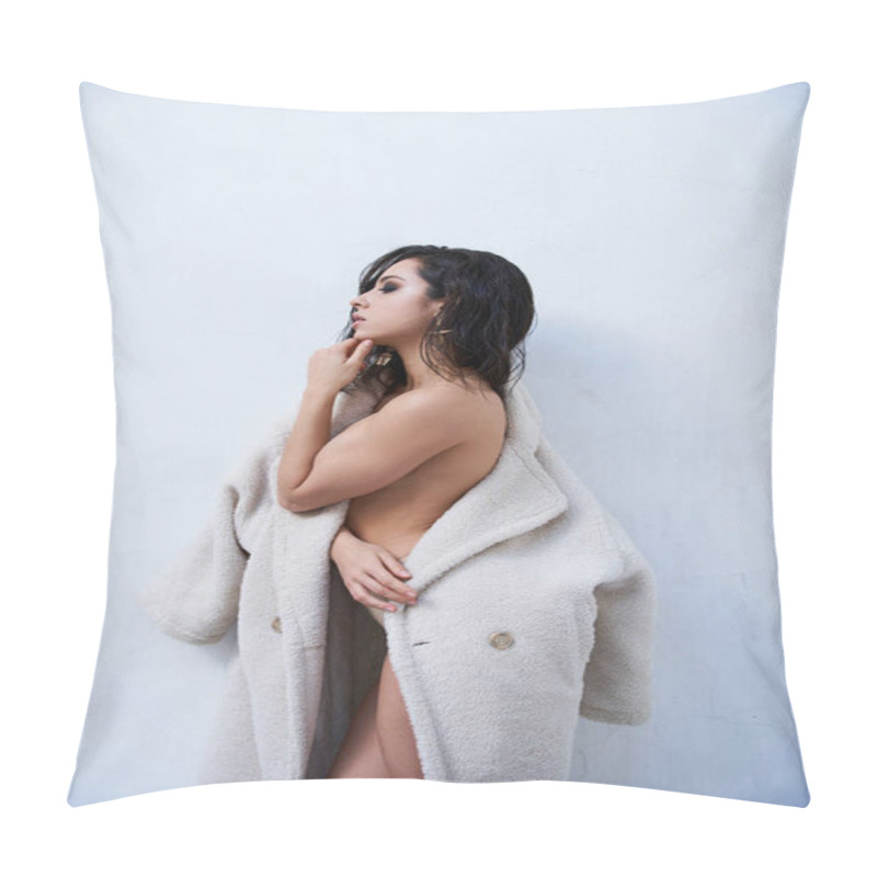 Personality  A Young Woman With Long Brunette Hair Poses In A Studio Setting Wearing A White Coat Pillow Covers