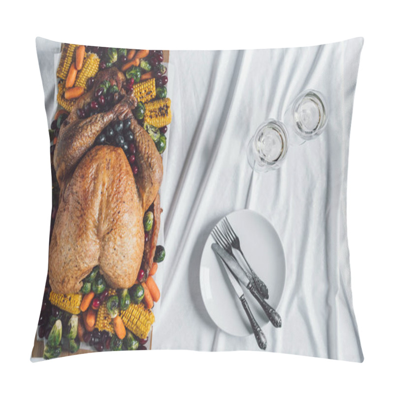 Personality  Flat Lay With Roasted Turkey, Vegetables And Glasses Of Wine For Thanksgiving Holiday Dinner On Tabletop Pillow Covers