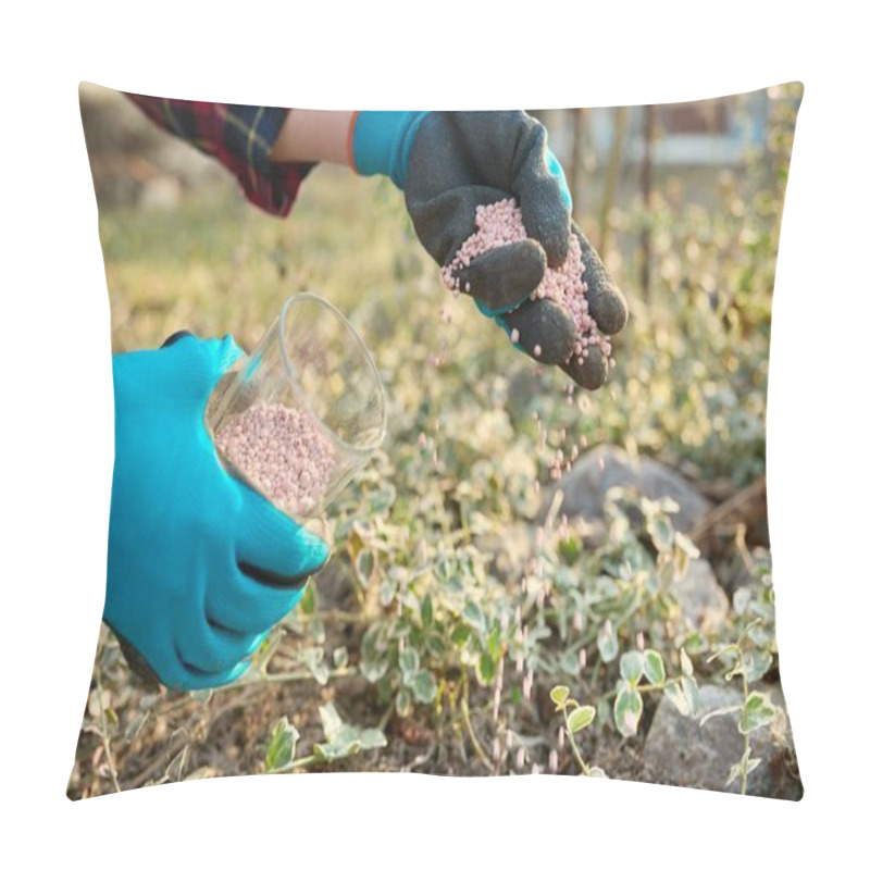 Personality  Fertilizing Plants In A Spring Garden With Chemical Mineral Graduated Fertilizers Pillow Covers