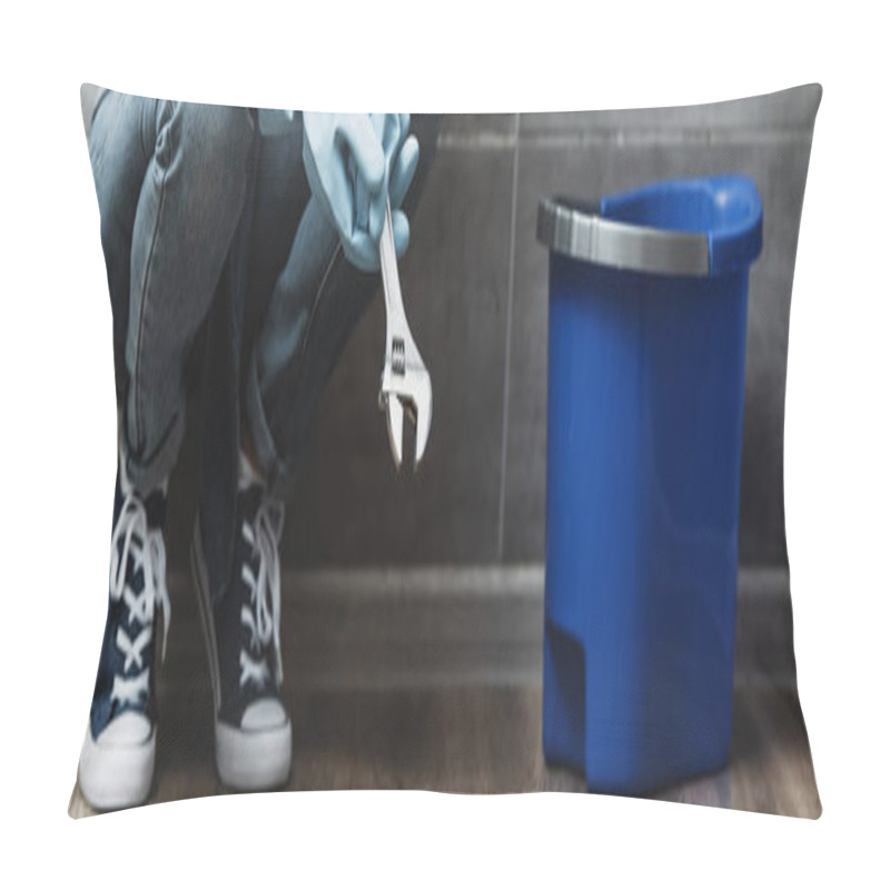 Personality  Cropped View Of Woman In Rubber Gloves Holding Wrench Pillow Covers