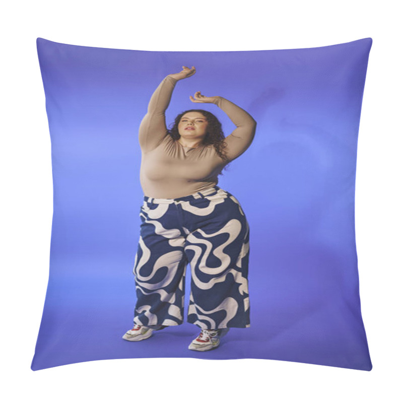 Personality  A Confident Plus Size Woman Dances, Radiating Joy And Empowerment In Bright Lights. Pillow Covers