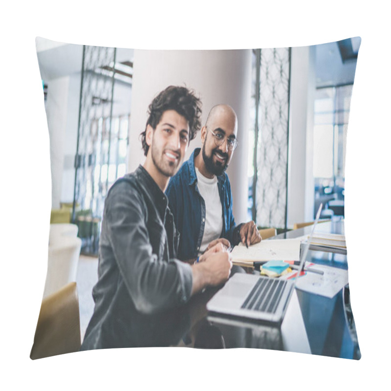 Personality  Portrait Of Cheerful Male Professionals Smiling At Camera During Collaborative Meeting For Developing Business Project, Middle Eastern Executive Managers Using Laptop Computer And Textbook Documents Pillow Covers