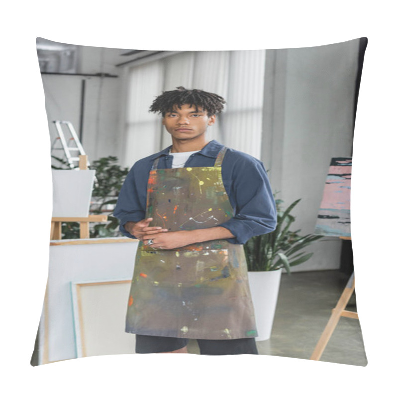 Personality  Young African American Artist In Apron Looking At Camera In Workshop  Pillow Covers