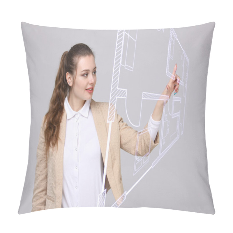 Personality  Female Architect Working With A Virtual Apartment Plan Pillow Covers