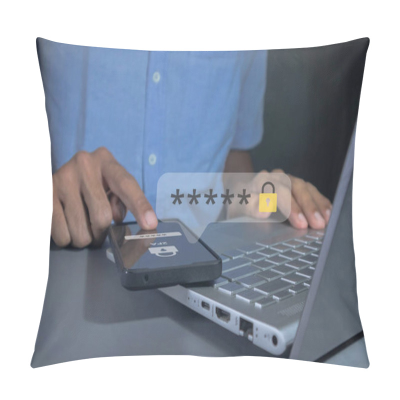 Personality  Man Using Smartphone To Login For Validate Password To Two-step Authentication. Encrypted Data. Pillow Covers