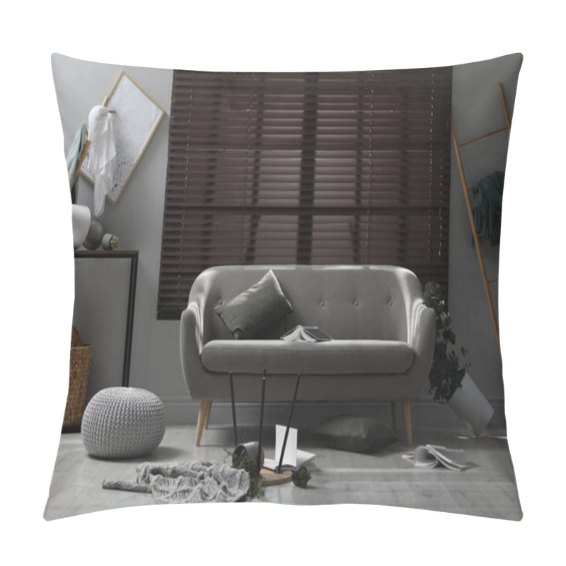 Personality  Chaotic Living Room Interior After Strong Earthquake Pillow Covers