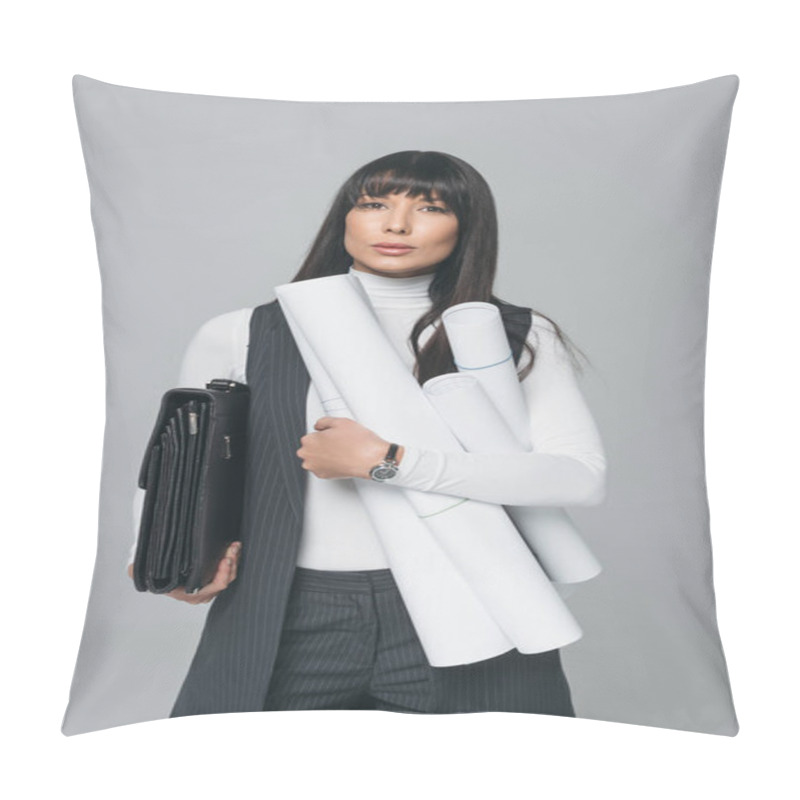 Personality  Businesswoman Standing With Briefcase And Blueprints Isolated On Gray Pillow Covers