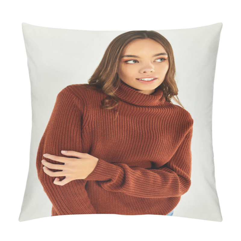 Personality  A Chic Young Woman Embodies Autumn On White Backdrop. Pillow Covers