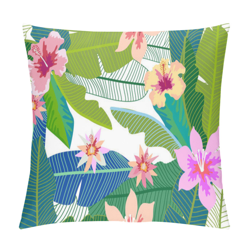 Personality  Trendy Tropical  Background With Banana Leaves And Hibiscus Flowers.  Pillow Covers